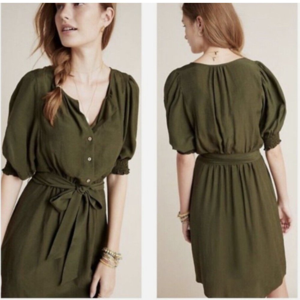 Anthropologie Nicole Linen Blend Green Puff Sleeve Shirt Dress